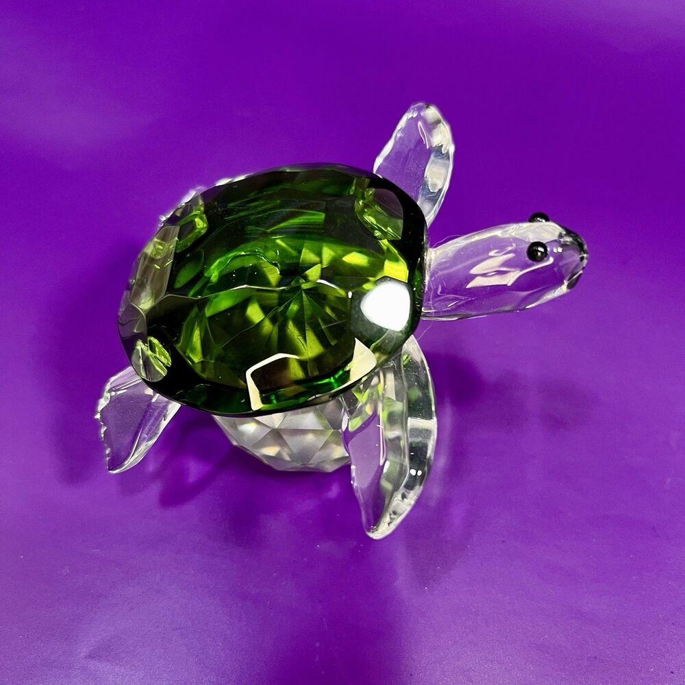 Glass Faceted Crystal GREEN TURTLE  Paperweight Decor Clear Ball base